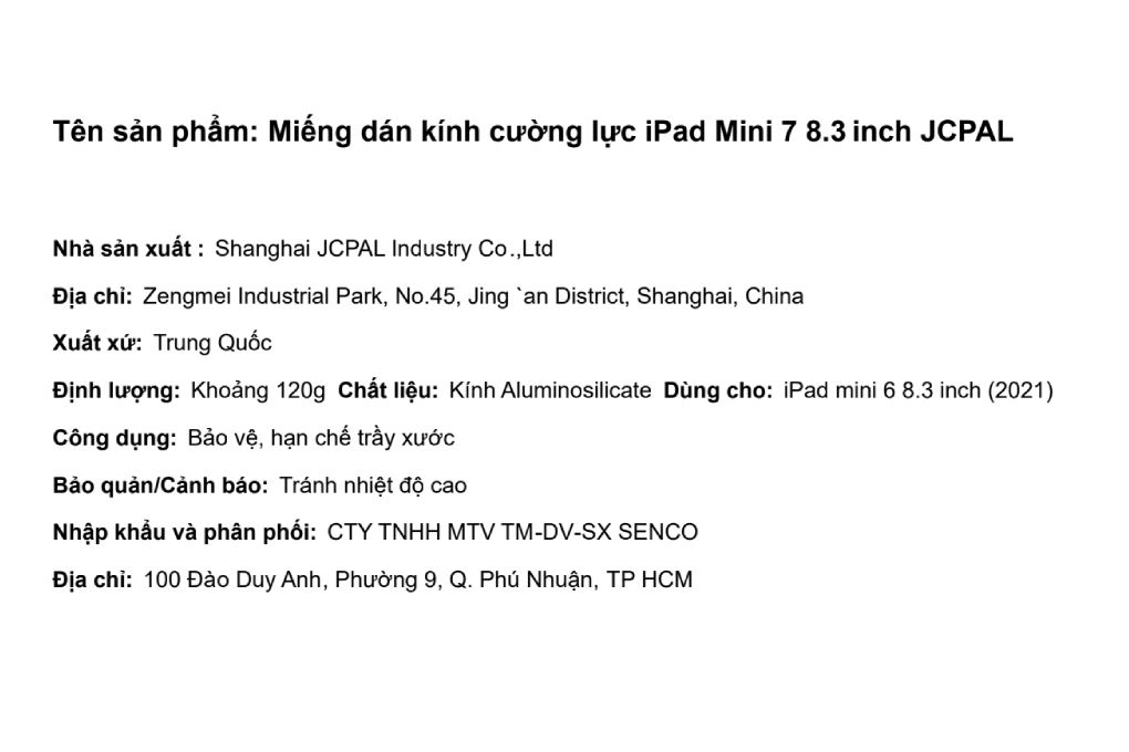 Miếng dán kính cường lực iPad Mini 6/iPad Mini 7 8.3 inch JCPAL Màu Trắng