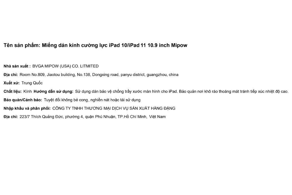 Miếng dán kính cường lực iPad 10/iPad 11 10.9 inch Mipow Màu Trắng