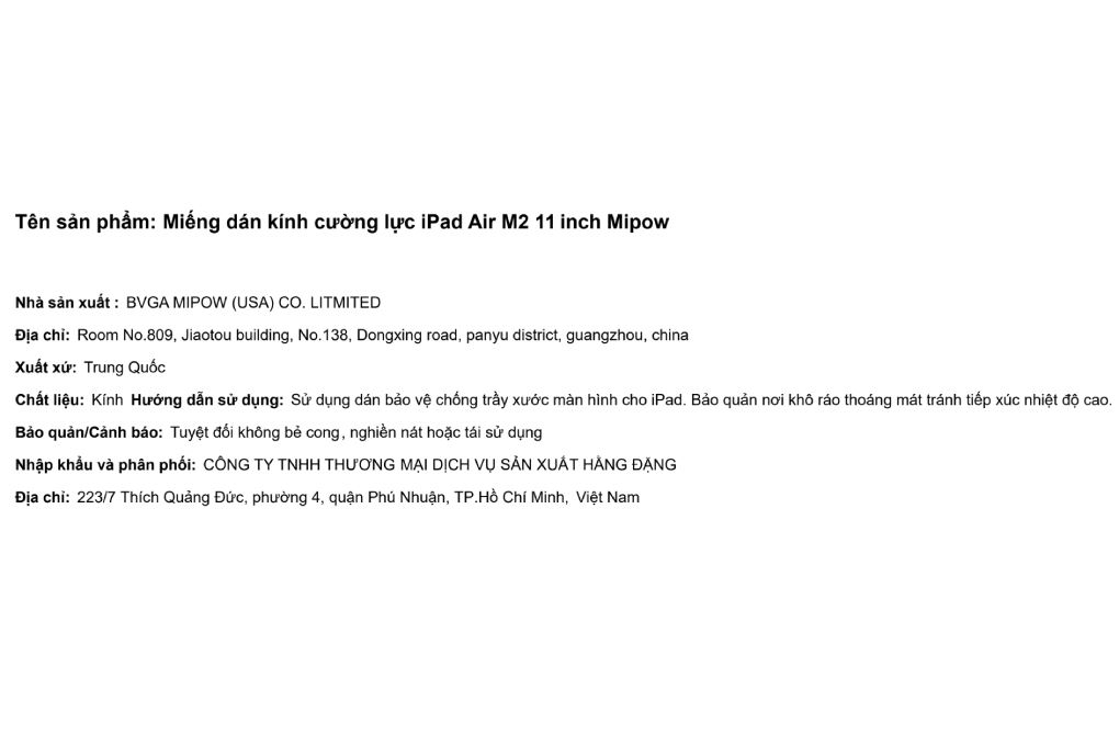 Miếng dán kính cường lực iPad Air M2/M3/M4 11 inch Mipow Màu Trắng