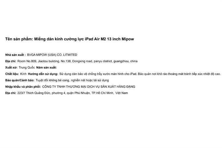 Miếng dán kính cường lực iPad Air M2/M3/M4 13 inch Mipow Màu Trắng