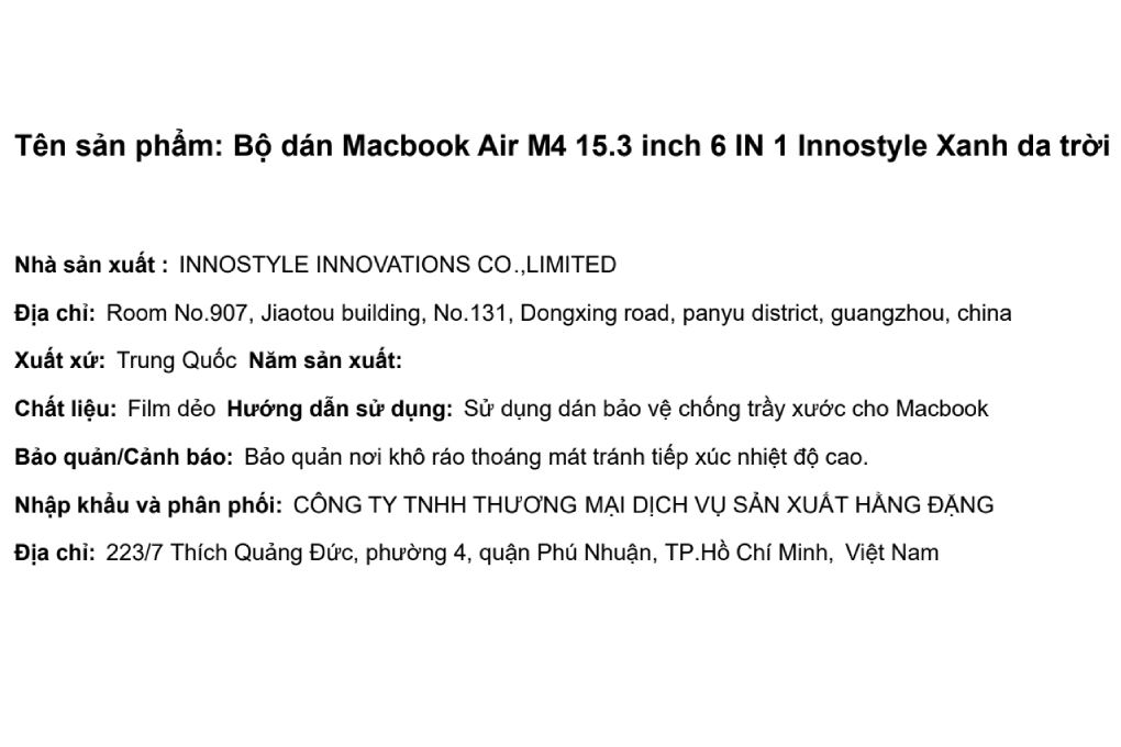 Bộ dán Macbook Air M2/M3/M4/M5 15.3 inch 6 IN 1 Innostyle - 3