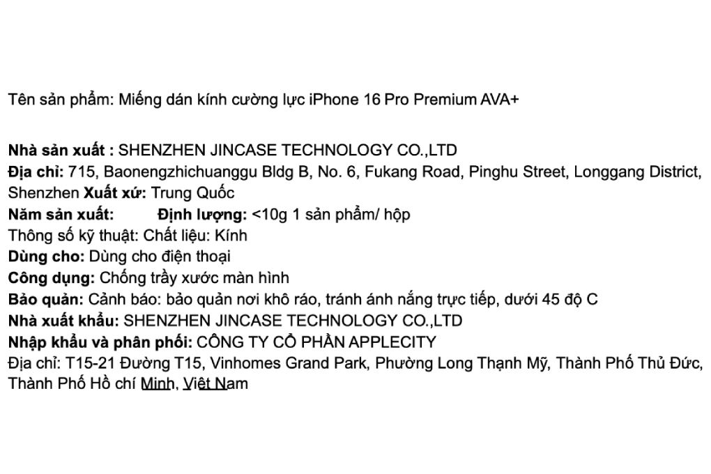 Miếng dán kính cường lực iPhone 16 Pro Premium AVA+ Màu Trắng