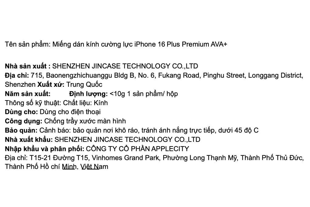 Miếng dán kính cường lực iPhone 16 Plus Premium AVA+ Màu Trắng