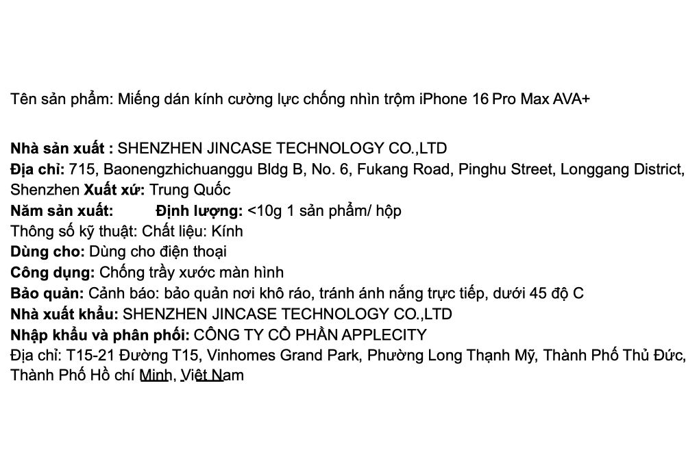 Miếng dán kính cường lực chống nhìn trộm iPhone 16 Pro Max AVA+ Màu Đen