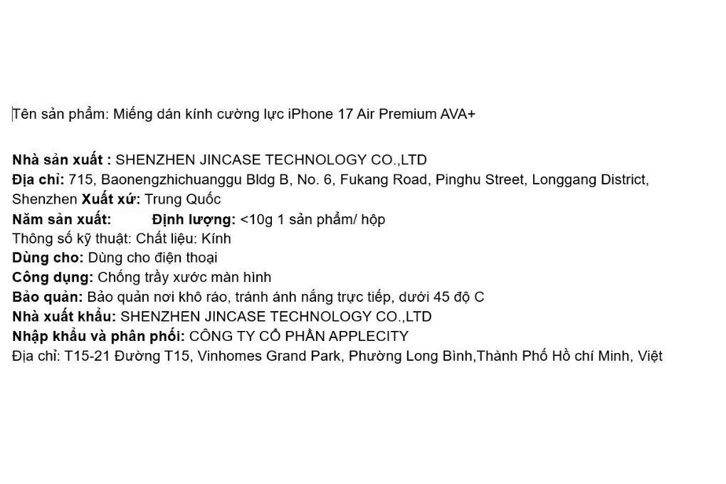 Miếng dán kính cường lực iPhone Air Premium AVA+ Màu Trắng