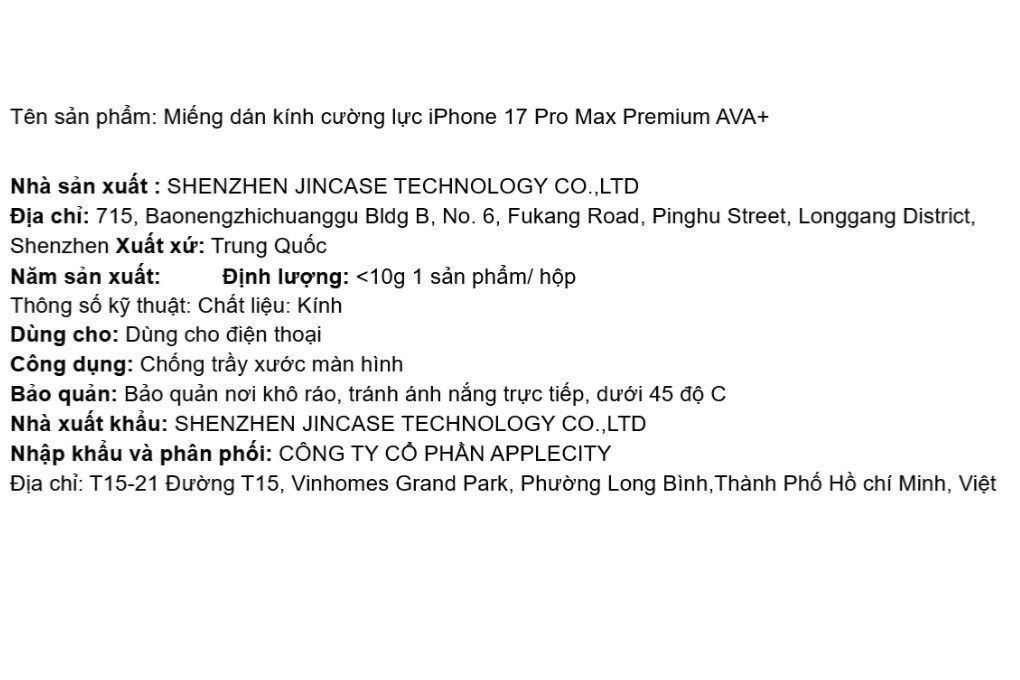 Miếng dán kính cường lực iPhone 17 Pro Max Premium AVA+ Màu Trắng