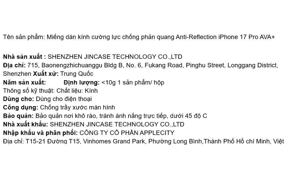 Miếng dán kính cường lực chống phản quang Anti-Reflection iPhone 17 Pro AVA+ Màu Trắng