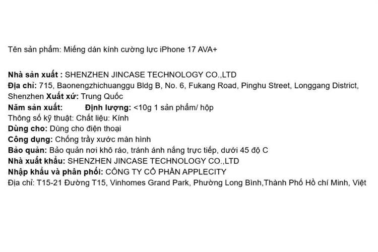 Miếng dán kính cường lực iPhone 17 AVA+ Màu Trắng