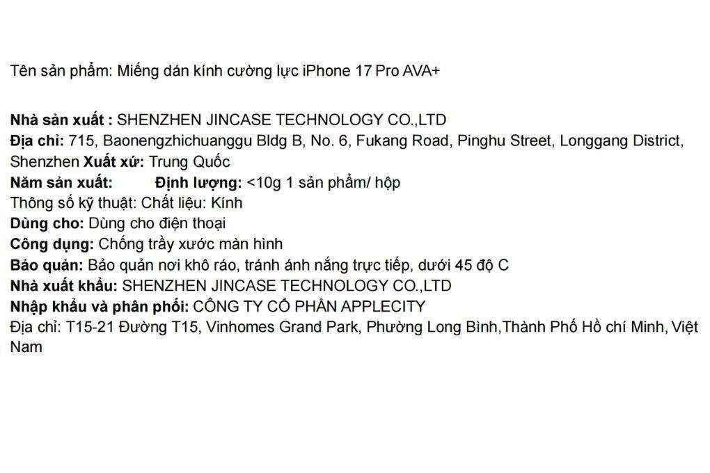 Miếng dán kính cường lực iPhone 17 Pro AVA+ - 2