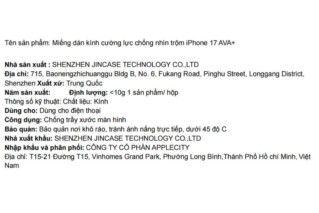 Miếng dán kính cường lực chống nhìn trộm iPhone 17 AVA+ Màu Trắng