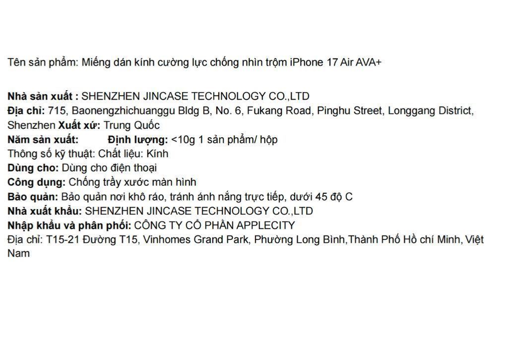 Miếng dán kính iPhone Air cường lực chống nhìn trộm AVA+ - 2
