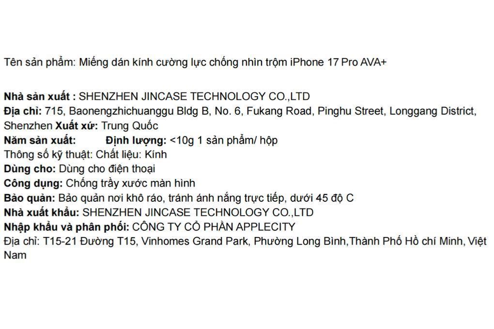 Miếng dán kính cường lực chống nhìn trộm iPhone 17 Pro AVA+ Màu Trắng