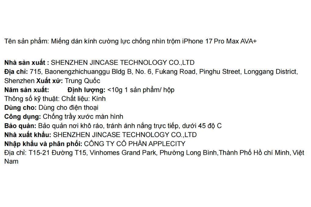 Miếng dán kính cường lực chống nhìn trộm iPhone 17 Pro Max AVA+ Màu Trắng