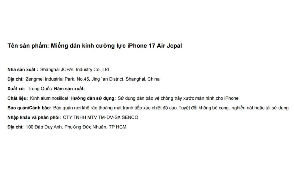 Miếng dán kính cường lực iPhone Air Jcpal Màu Trắng
