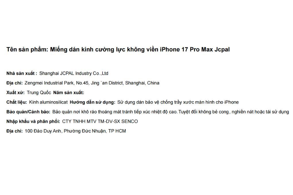 Miếng dán kính cường lực iPhone 17 Pro Max Jcpal Màu Trắng