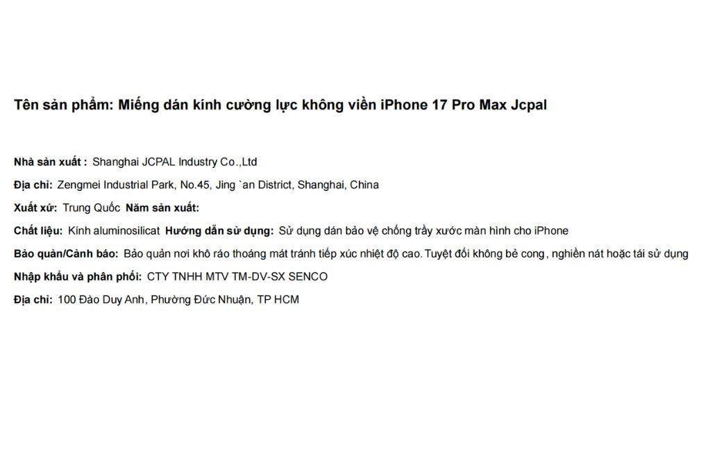 Miếng dán kính cường lực không viền iPhone 17 Pro Max Jcpal Màu Trắng