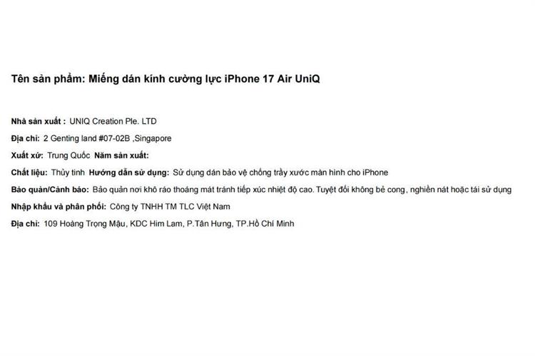 Miếng dán kính cường lực iPhone Air UniQ Màu Trắng