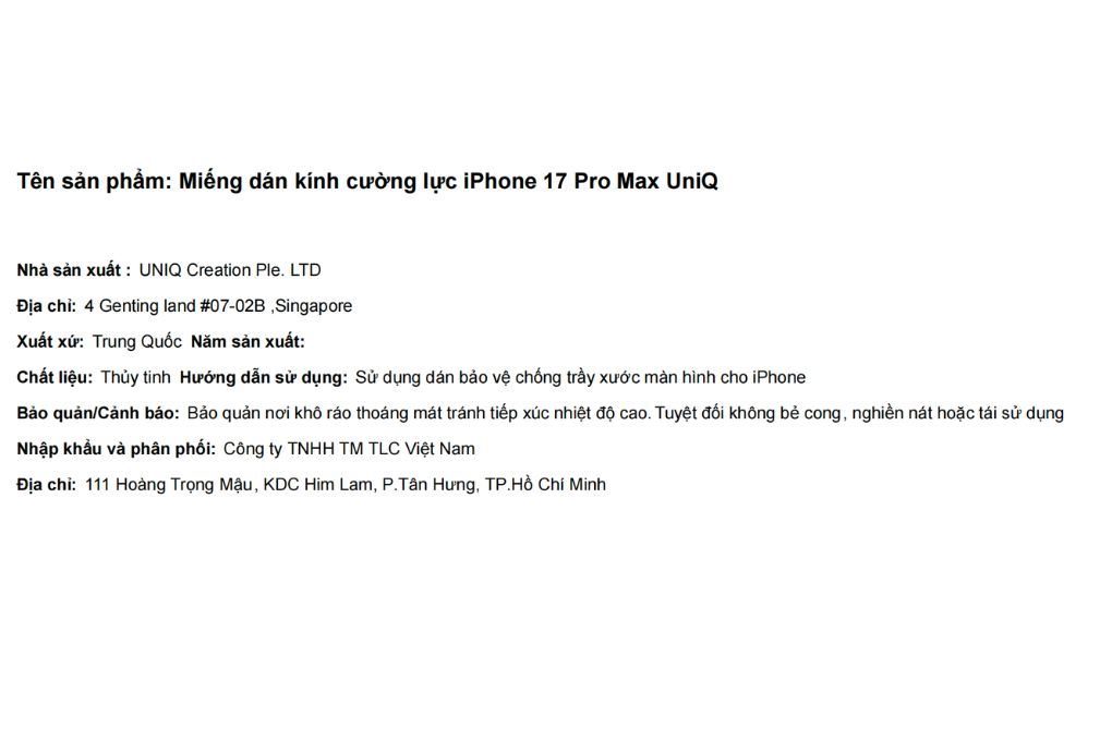 Miếng dán kính cường lực iPhone 17 Pro Max UniQ Màu Trắng