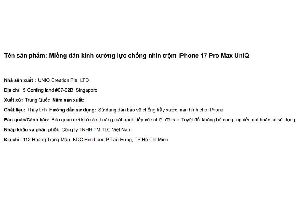 Miếng dán kính cường lực chống nhìn trộm iPhone 17 Pro Max UniQ Màu Trắng
