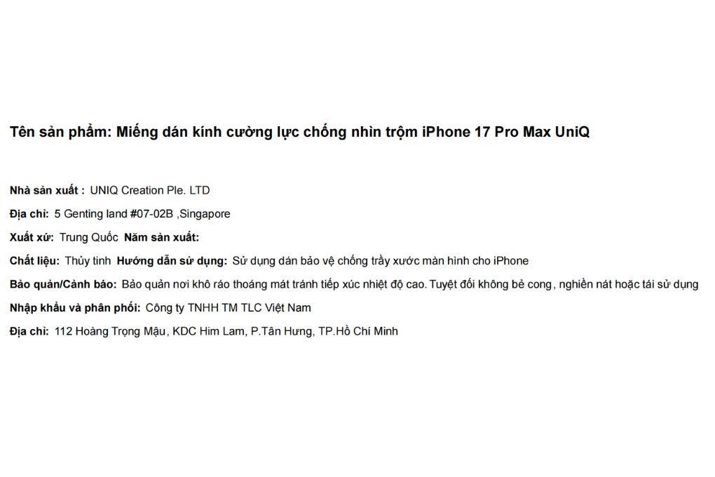 Miếng dán kính cường lực chống nhìn trộm iPhone 17 Pro Max UniQ Màu Trắng