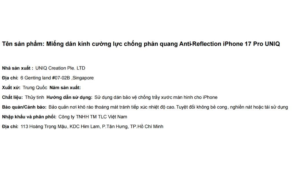 Miếng dán kính cường lực chống phản quang Anti-Reflection iPhone 17 Pro UNIQ Màu Trắng