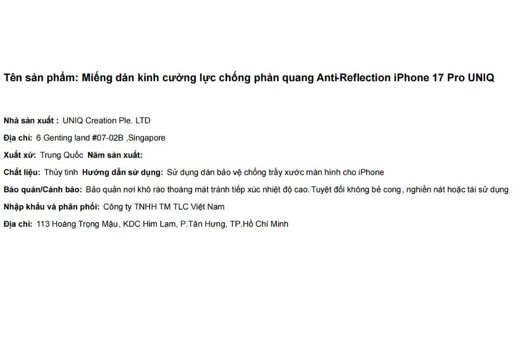 Miếng dán kính cường lực chống phản quang Anti-Reflection iPhone 17 Pro UNIQ Màu Trắng