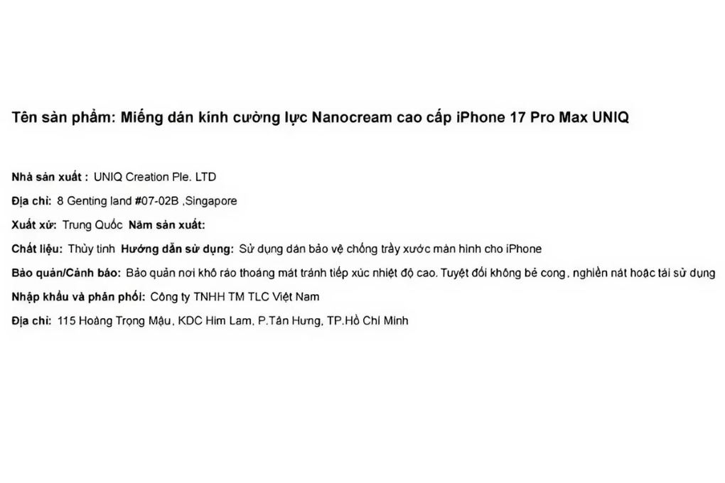 Miếng dán kính cường lực Nanocream cao cấp iPhone 17 Pro Max UNIQ Màu Trắng