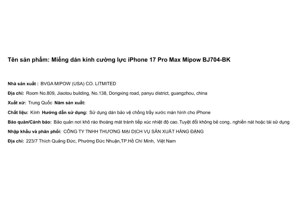 Miếng dán kính cường lực iPhone 17 Pro Max Mipow BJ704-BK Màu Trắng
