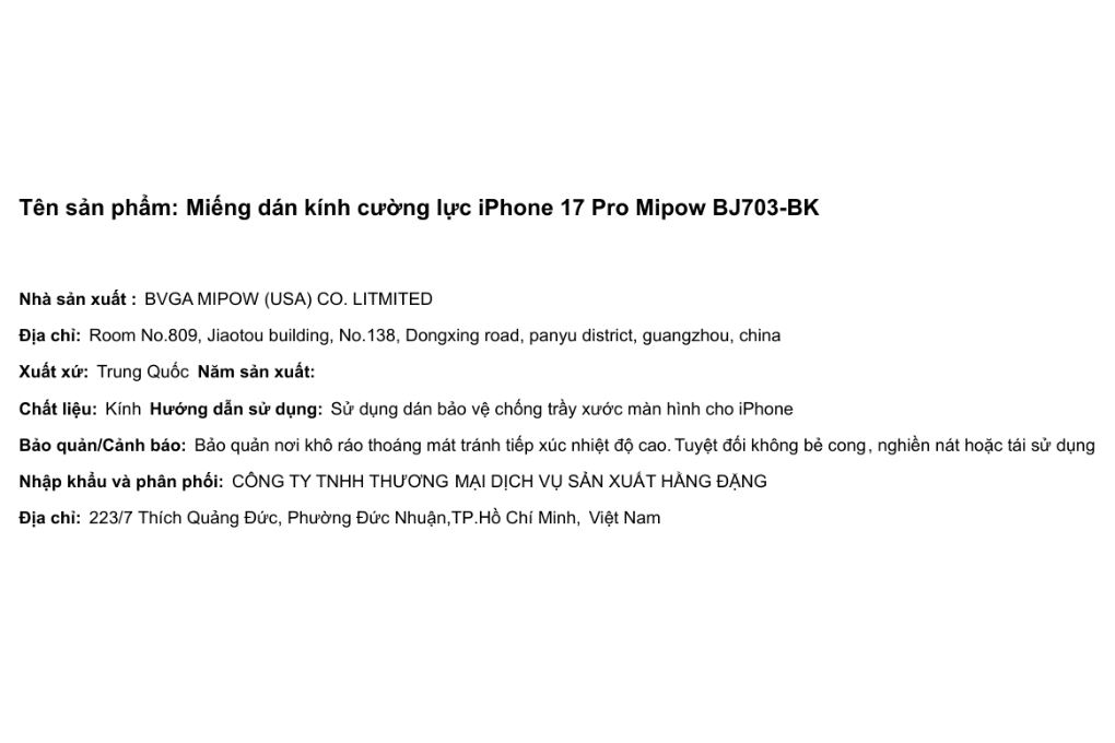 Miếng dán kính cường lực iPhone 17 Pro Mipow BJ703-BK Màu Trắng