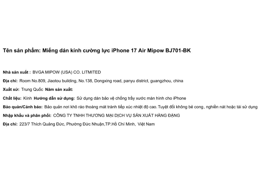 Miếng dán kính cường lực iPhone Air Mipow BJ701-BK Màu Trắng
