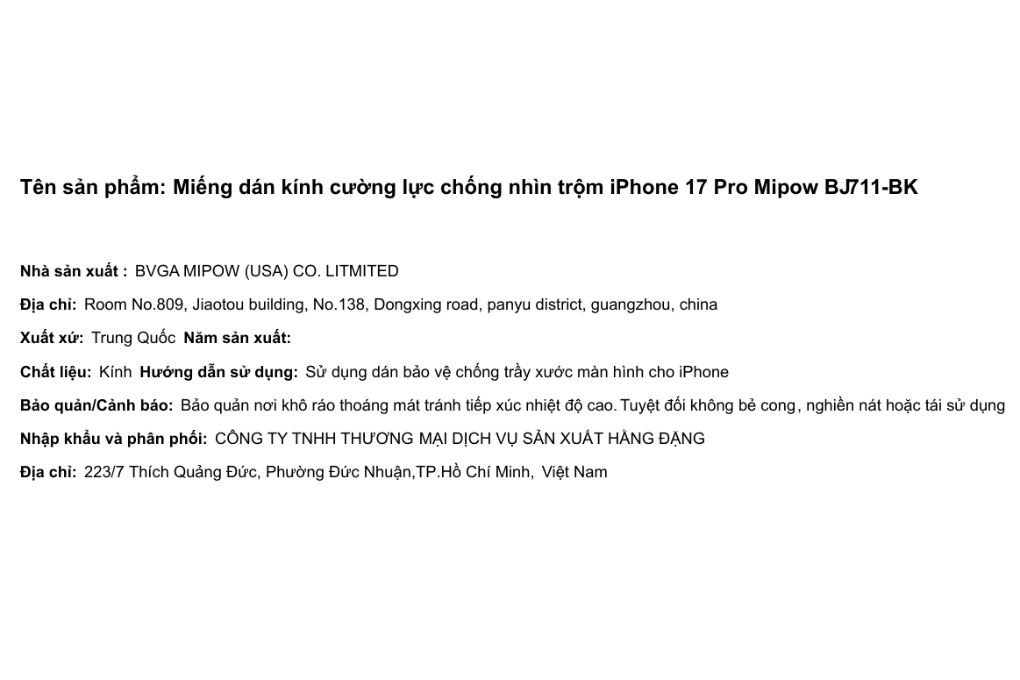 Miếng dán kính cường lực chống nhìn trộm iPhone 17 Pro Mipow BJ711-BK Màu Trắng
