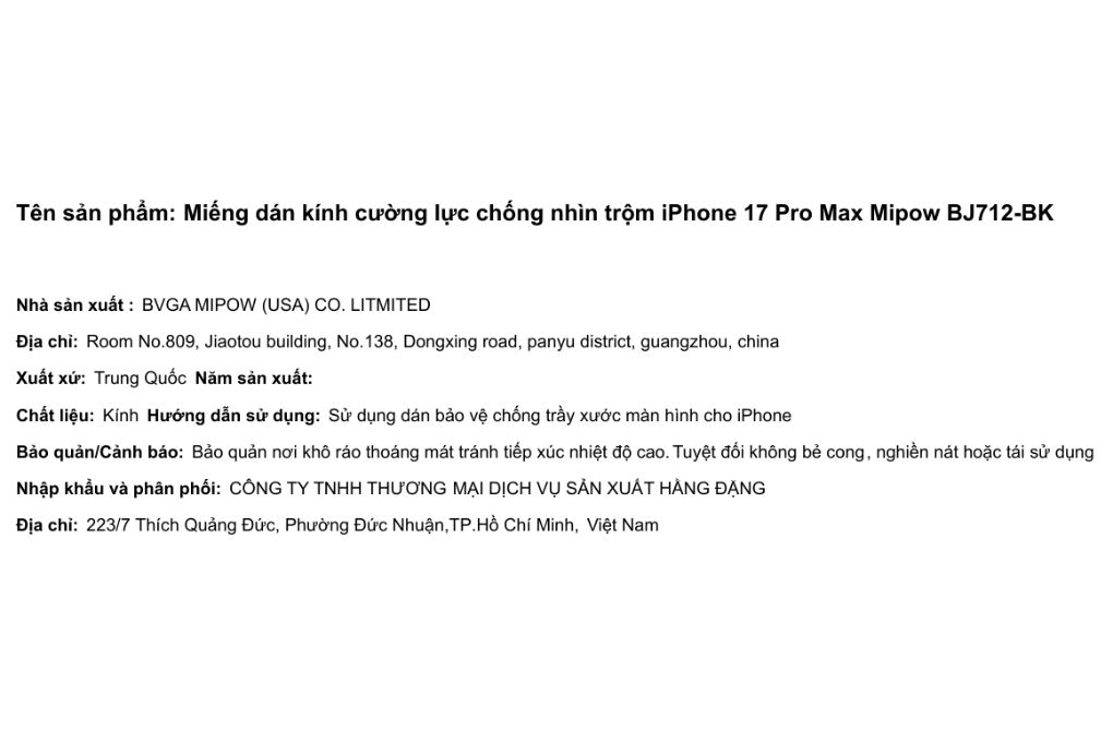 Miếng dán kính cường lực chống nhìn trộm iPhone 17 Pro Max Mipow BJ712-BK Màu Trắng
