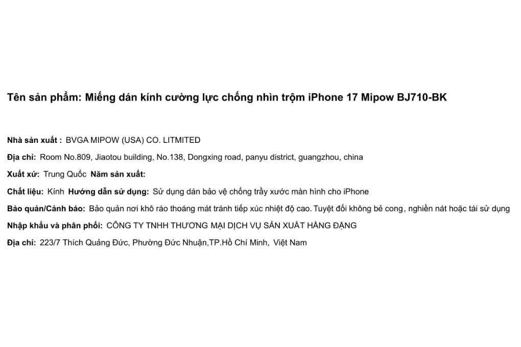 Miếng dán kính cường lực chống nhìn trộm iPhone 17 Mipow BJ710-BK - 2