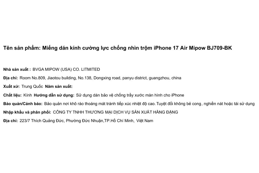 Miếng dán kính cường lực chống nhìn trộm iPhone Air Mipow BJ709-BK - 2