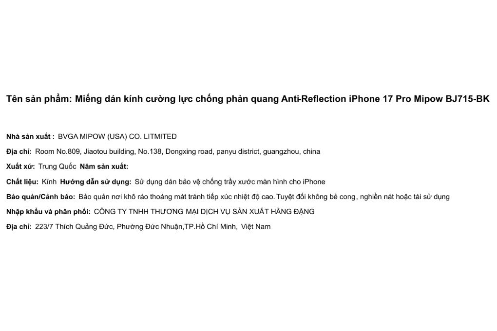 Miếng dán kính cường lực chống phản quang Anti-Reflection iPhone 17 Pro Mipow BJ715-BK Màu Trắng