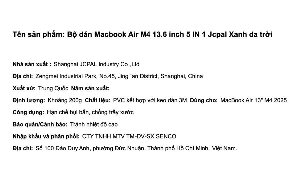 Bộ dán Macbook Air M2/M3/M4/M5 13.6 inch 5 IN 1 Jcpal Màu Xanh da trời
