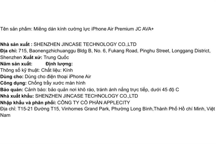 Miếng dán kính cường lực iPhone Air Premium AVA+ JC Màu Trắng