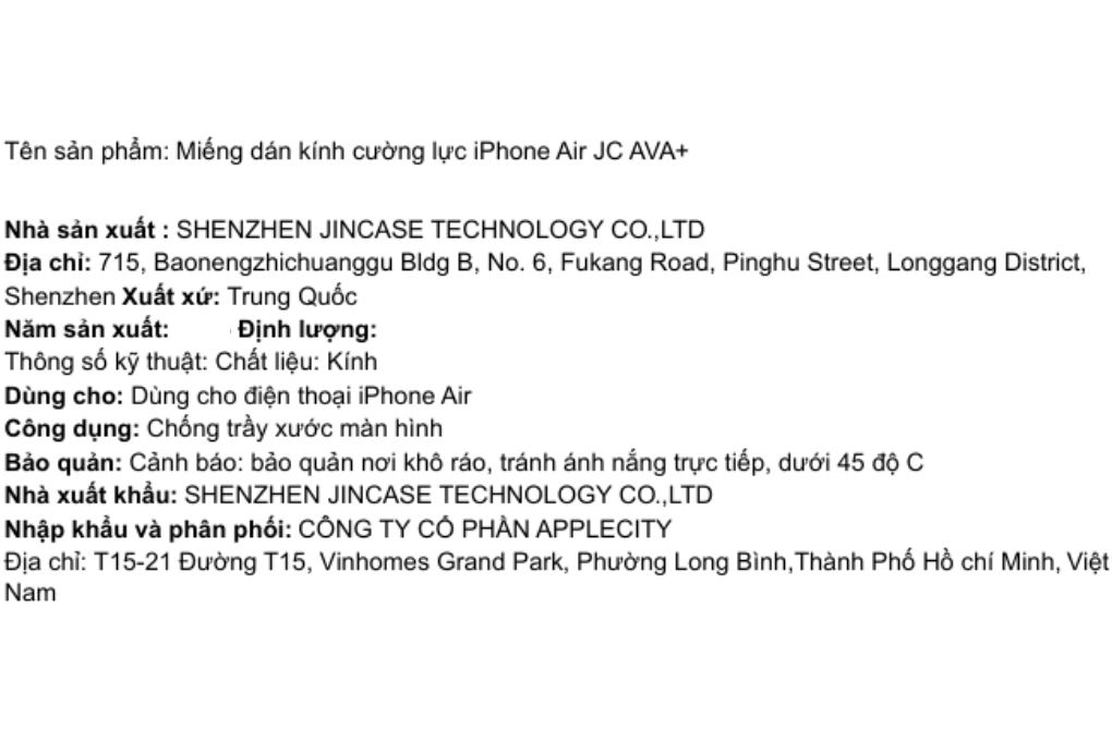 Miếng dán kính iPhone Air cường lực AVA+ JC Màu Trắng