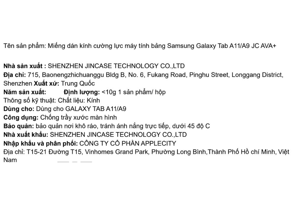 Miếng dán kính cường lực Samsung Galaxy Tab A11/A9 AVA+ JC Màu Trắng