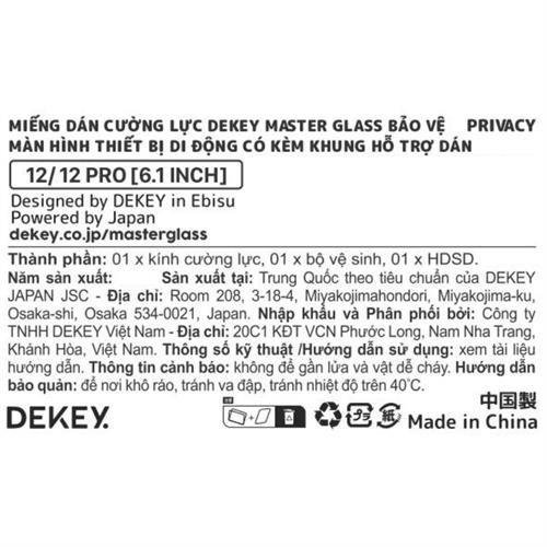 Miếng dán kính cường lực chống nhìn trộm iPhone 12/12 Pro DEKEY 3D Sentery Màu Trắng