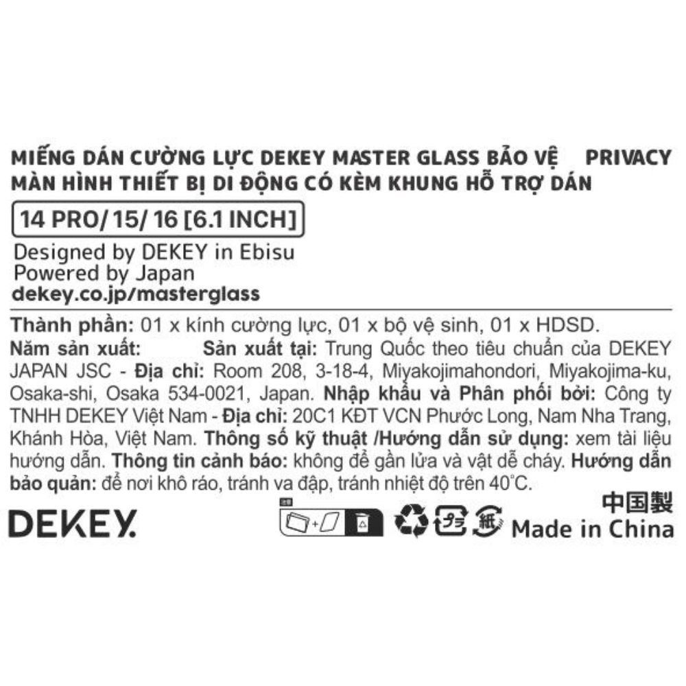 Miếng dán kính cường lực chống nhìn trộm iPhone 14 Pro/15/16 DEKEY 3D Sentery Màu Trắng