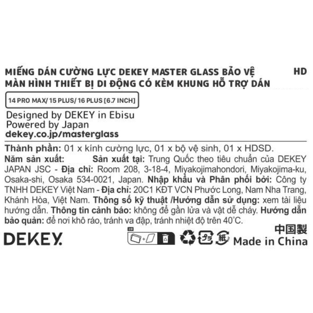 Miếng dán kính cường lực iPhone 14 Pro Max/15 Plus/16 Plus DEKEY 3D Sentery Màu Trắng