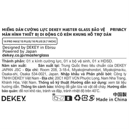 Miếng dán kính cường lực chống nhìn trộm iPhone 14 Pro Max/15 Plus/16 Plus DEKEY 3D Sentery Màu Trắng