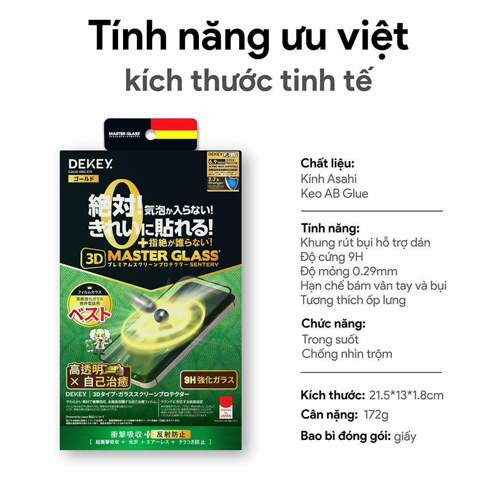 Miếng dán cường lực có kèm khung hỗ trợ dán iPhone 18 Pro Max/17 Pro Max DEKEY 3D Sentery Trong suốt - 11