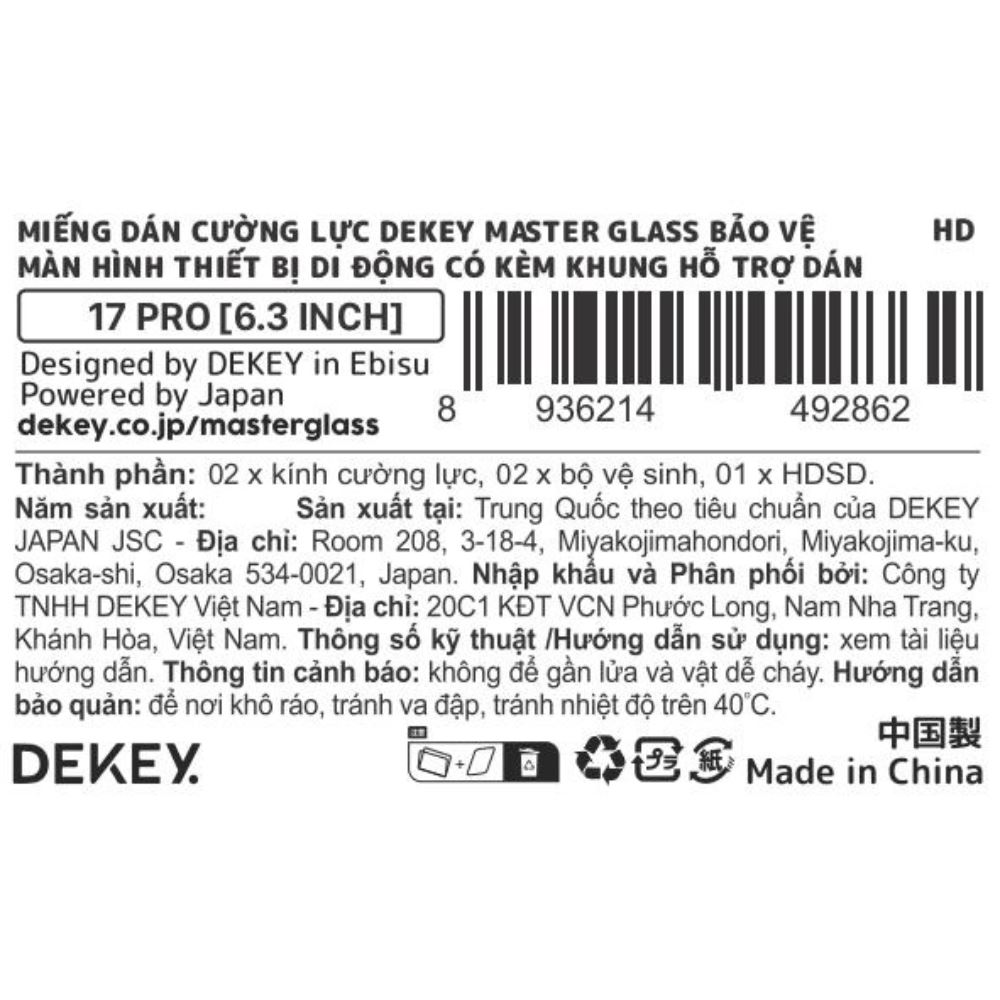 Miếng dán cường lực có kèm khung hỗ trợ dán iPhone 17 Pro/18 Pro DEKEY 3D Quintessence Trong suốt Màu Trắng