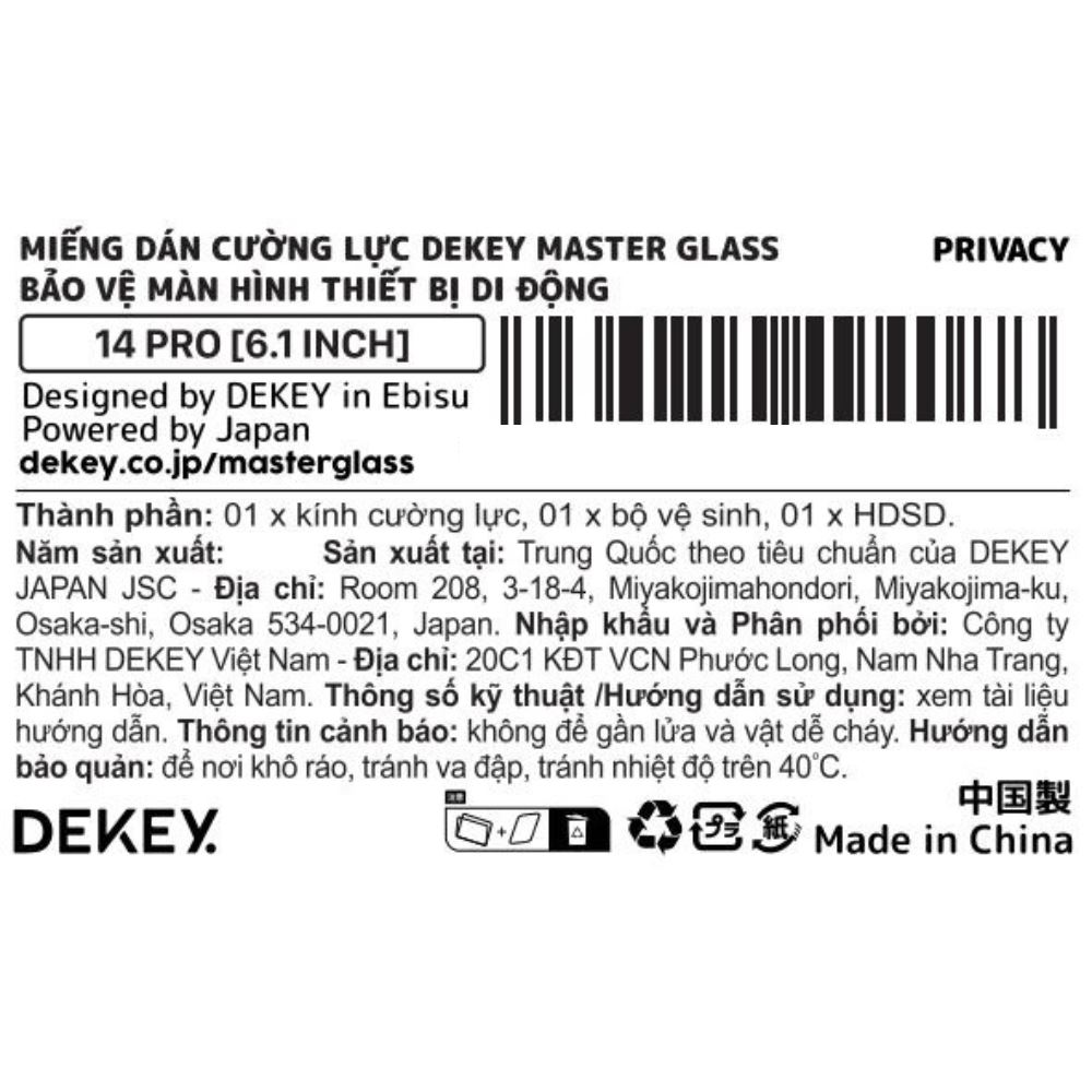 Miếng dán kính cường lực chống nhìn trộm iPhone 14 Pro DEKEY 3D Premium Màu Trắng
