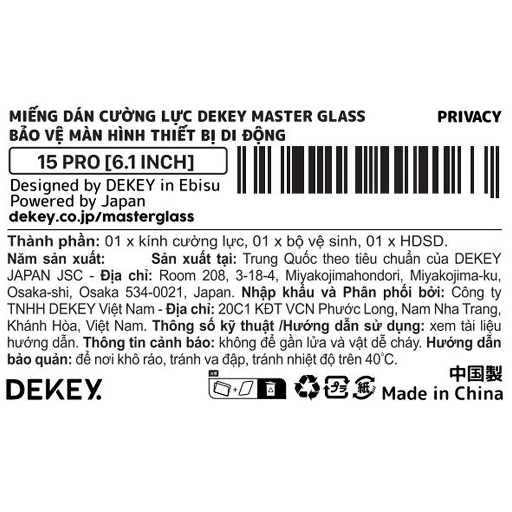 Miếng dán kính cường lực chống nhìn trộm iPhone 15 Pro DEKEY 3D Premium Màu Trắng