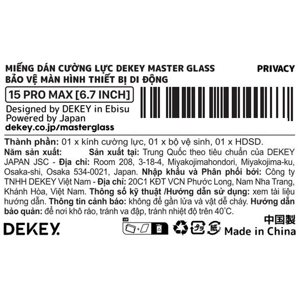 Miếng dán kính cường lực chống nhìn trộm iPhone 15 Pro Max DEKEY 3D Premium Màu Trắng
