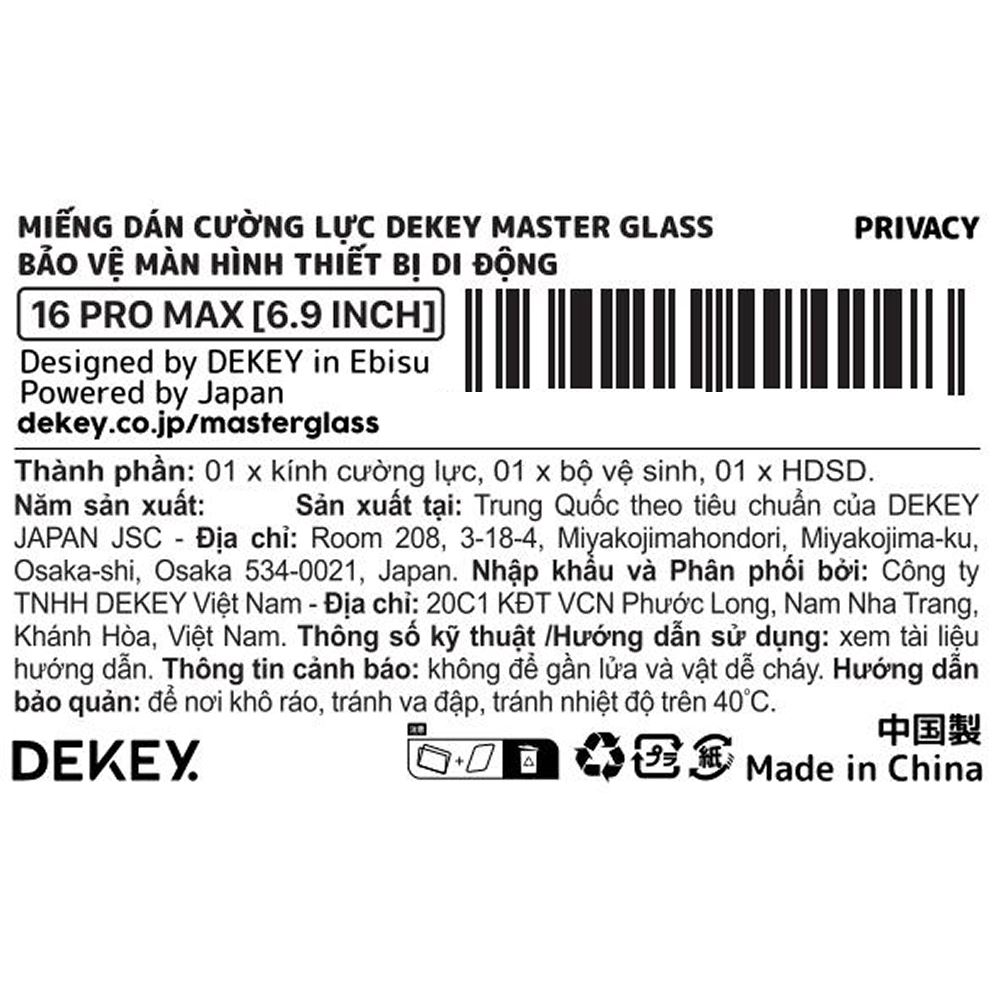 Miếng dán kính cường lực chống nhìn trộm iPhone 16 Pro Max DEKEY 3D Premium Màu Trắng