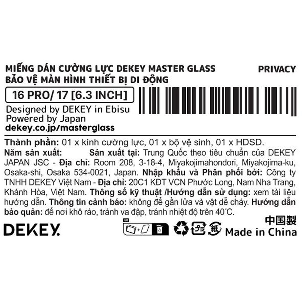 Miếng dán kính cường lực chống nhìn trộm iPhone 16 Pro/17 DEKEY 3D Premium Màu Trắng